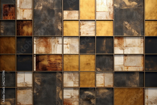Mosaic background, gold and stone cubes pattern, modern shiny metal and stone blocks, tiled backdrop. Created with generative Ai © Scovad
