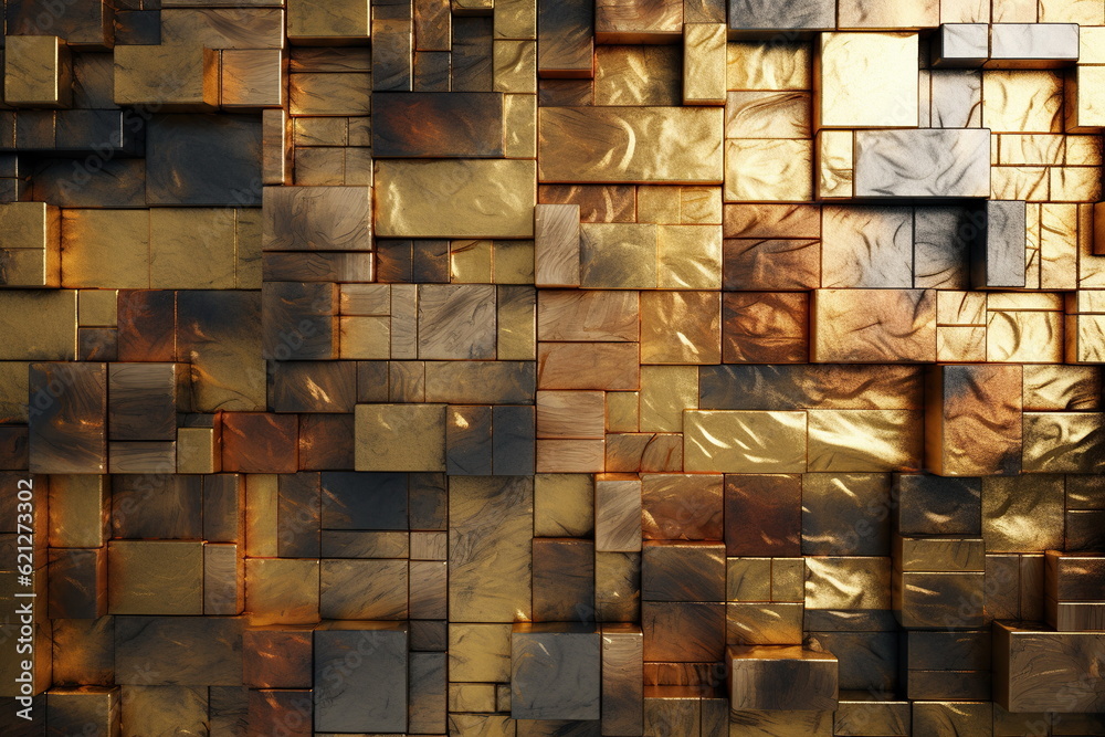 Mosaic background, gold and copper cubes pattern, modern shiny metal blocks, tiled wall backdrop. Created with generative Ai Mosaic background, gold and copper cubes pattern, modern shiny metal blocks, tiled wall backdrop. Created with generative Ai