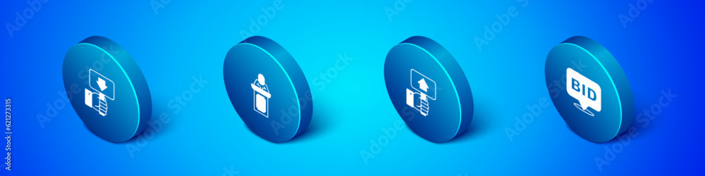 Set Isometric Hand holding auction paddle, Bid and Auction auctioneer sells icon. Vector Set Isometric Hand holding auction paddle, Bid and Auction auctioneer sells icon. Vector