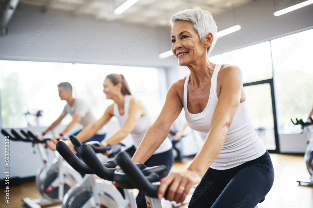 Smiling happy healthy fit slim senior woman with grey hair practising indoors sport with group of people on an exercise bike in gym. Smiling happy healthy fit slim senior woman with grey hair practising indoors sport with group of people on an exercise bike in gym.