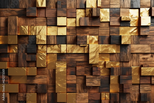 Mosaic background  gold and wood cubes pattern  modern shiny metal and wooden blocks  tiled wall backdrop. Created with generative Ai
