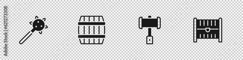 Set Mace with spikes, Wooden barrel, Battle hammer and Antique treasure chest icon. Vector