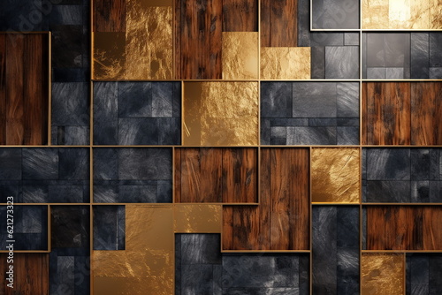 Mosaic background, gold, marble stone and wood cubes pattern, modern shiny metal and stone blocks, golden grid tiled wall backdrop. Created with generative Ai