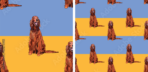 Dog blue and yellow geometric pattern fabric. Elegant, soft seamless background, abstract background with Irish setter dogs, two-colored background. Birthday present, Clean style, plain wrapping art.