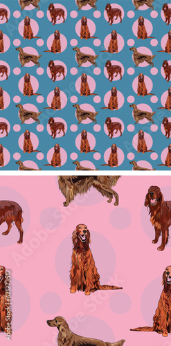 Seamless Irish setter dog symetric pattern with circles, holiday texture. Square format. Pink, blue packaging, textile, decoration, wrapping paper. Trendy hand-drawn dogs wallpaper. Holiday background
