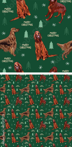 Seamless Irish setter dogs pattern, holiday texture. Square format, poster, packaging, textile, fabric, decoration, wrapping paper. Trendy hand-drawn dogs wallpaper. Holiday, Christmas winter design.