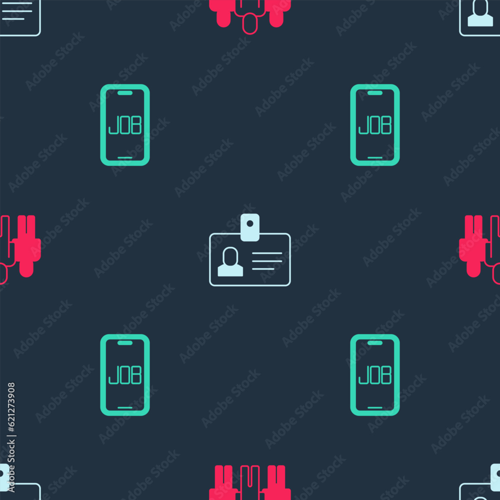 Set Project team base, Identification badge and Search job on seamless pattern. Vector