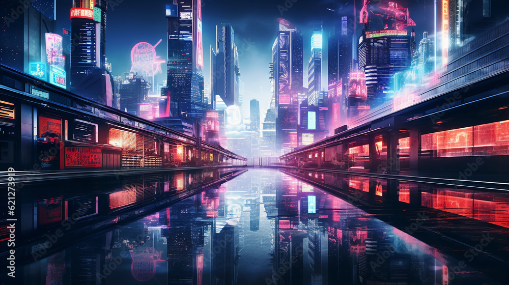 Cyberpunk cityscape, hyper - futuristic commercial district, neon lights, flying cars, skyscrapers with digital billboards, rainy, reflective surfaces, night time