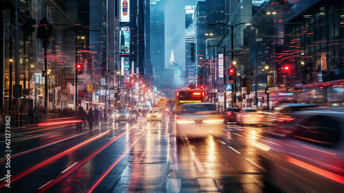 Long exposure photograph of a bustling city commercial district, streaking car lights, blurred people, high - rise buildings, dusk