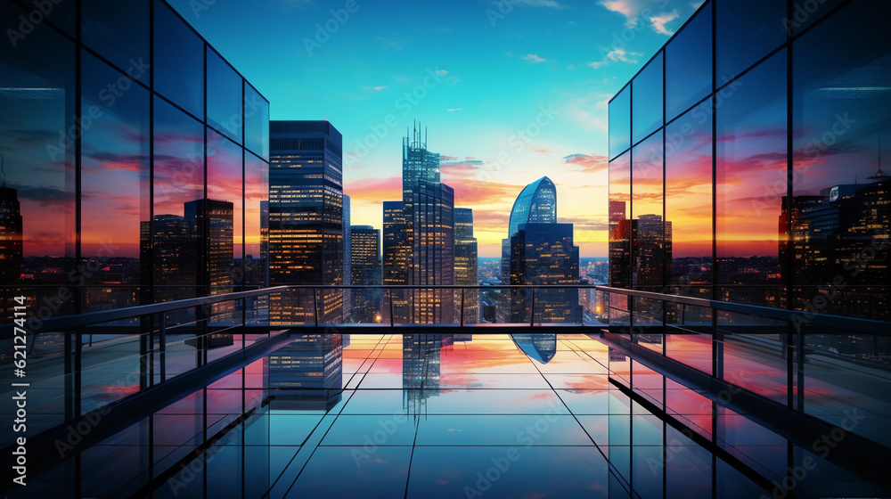 Ultra - wide panoramic view of a modern glass skyscraper reflecting the sunset, silhouette of the cityscape in the backdrop, neon city lights illuminating Ultra - wide panoramic view of a modern glass skyscraper reflecting the sunset, silhouette of the cityscape in the backdrop, neon city lights illuminating
