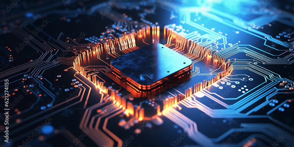A dazzling 3D rendering of a microchip, electron paths visible, lights pulsating along the circuits, illustrating the heart of modern innovation, luminescent colors A dazzling 3D rendering of a microchip, electron paths visible, lights pulsating along the circuits, illustrating the heart of modern innovation, luminescent colors