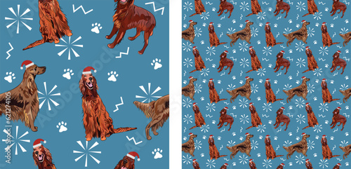 Seamless Irish setter dogs in hats pattern, holiday texture. Square format, t-shirt, poster, packaging, textile, socks, textile, fabric, decoration, wrapping paper. Trendy hand-drawn dogs wallpaper.