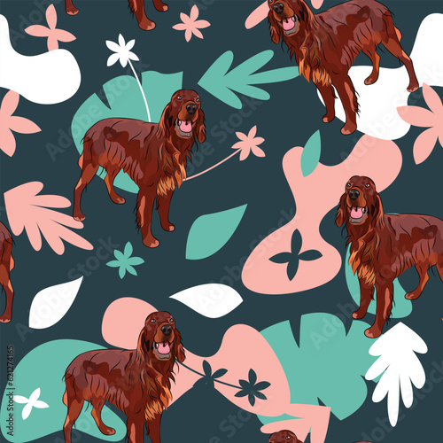 Irish setter dog wallpaper with leaves, palms, flowers, plants. Pastel navy, floral repeatable pattern. Holiday abstract natural shapes. Seamless floral background with dogs. Birthday wallpaper.