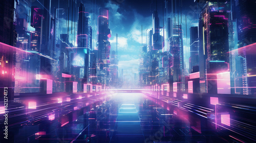 A futuristic cityscape  radiant with neon lights  holograms of remarkable inventions suspended in air  cutting - edge technology abounds