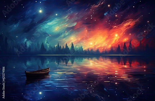 Starry sky with sailing boat on a lake © Photo And Art Panda