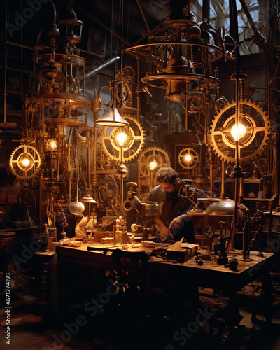 A steampunk - inspired inventor's workshop, filled with gears, cogs, and imaginative contraptions, warm candlelight