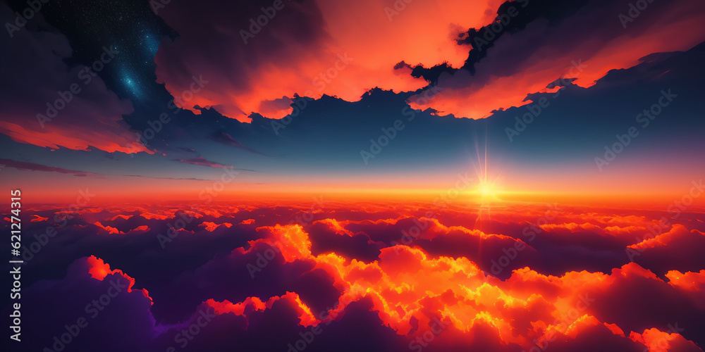 Sunset above the clouds, Vector style landscape background