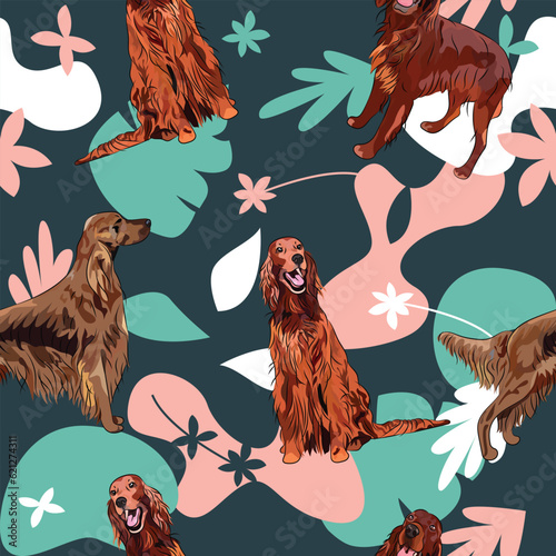 Irish setter dog wallpaper with leaves, palms, flowers, plants. Pastel navy, floral repeatable pattern. Holiday abstract natural shapes. Seamless floral background with dogs. Birthday wallpaper.