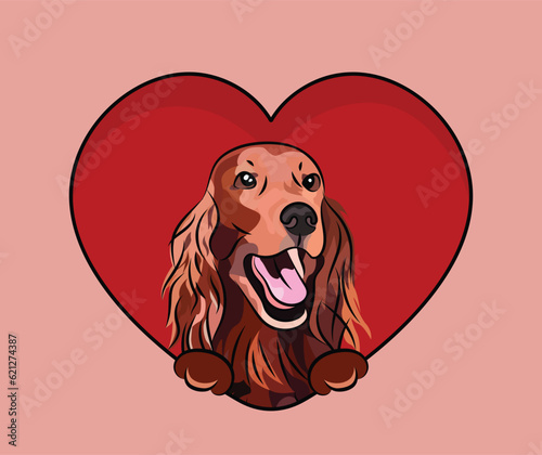 Irish setter dog face with paws in a big Valentine's day heart. Love heart with pet head and heart and footprint. Dog face Holding Red Heart Cartoon Icon. St Valentine's day card for dog funs.
