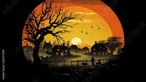 Autumn  landscape at harvest farm field with  orange  and blue sky  Beautiful sunset in mid Autumn  in countryside  AI Illustration. Halloween concept design. Banner background for Fall season.