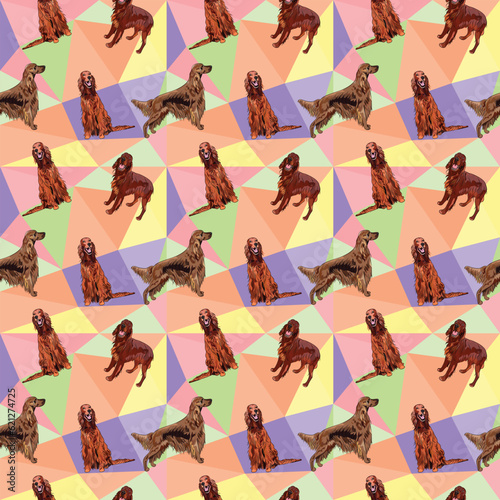 Irish setter dog on a mosaic geometric background. Funky, colorful vibe, pastel colors palette. Simple, clean, modern texture. Geometric, polygon style. Summer seamless geometric pattern with dogs. 