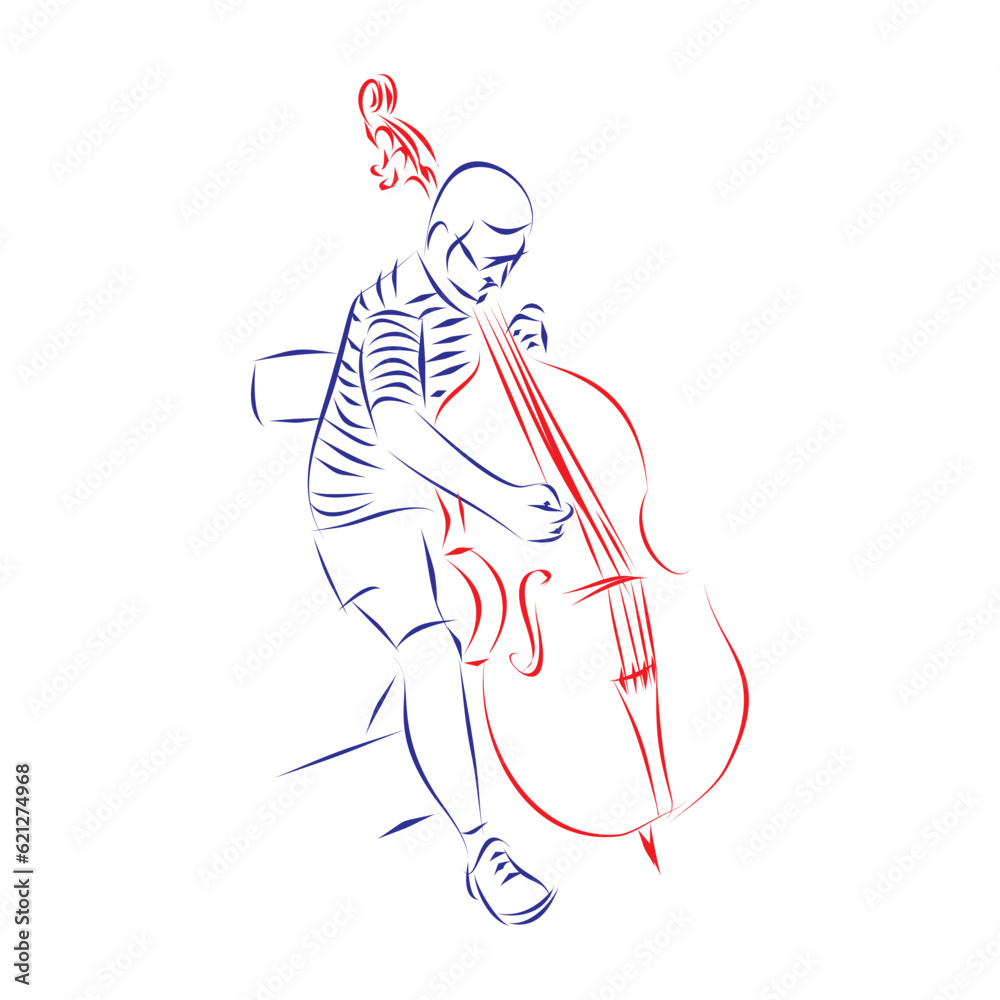 Continuous line drawing of a young musician playing double bass. Hand drawn, vector illustration music concept