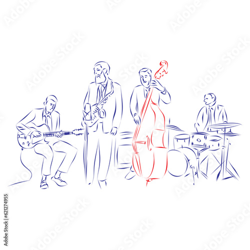 Continuous line drawing of a jazz band with electric guitar, saxophone, double bass and drums, isolated on white. Hand drawn, vector illustration music concept
