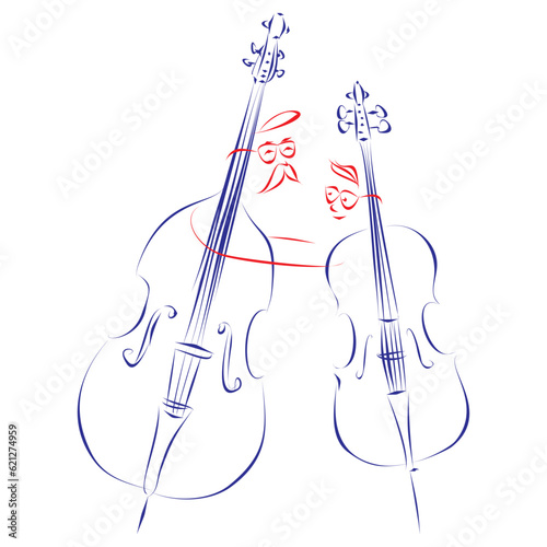 Continuous line drawing of a double bass depicted as an old man, helping a cello depicted as his young boy, isolated on white. Hand drawn, vector illustration music concept