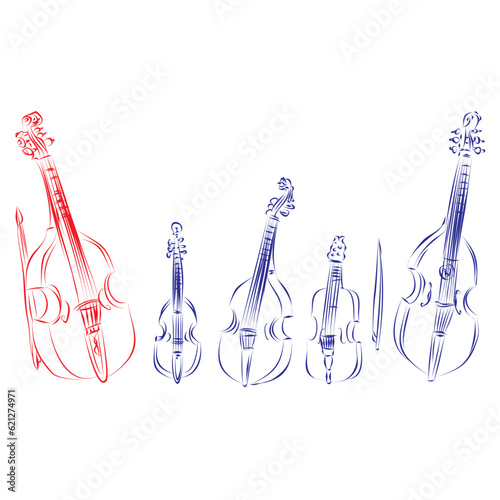 Continuous line drawing of double bass and early music bowed string instruments, isolated on white background. Hand drawn, vector illustration music concept