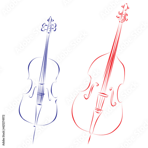 Continuous line drawing of a cello and a double bass, isolated on white. Hand drawn, vector illustration music concept