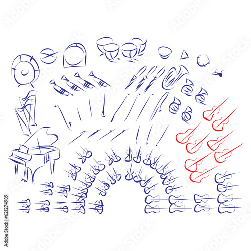 Continuous line drawing of classical music instruments position in an orchestra, isolated on white. Hand drawn, vector illustration music concept
