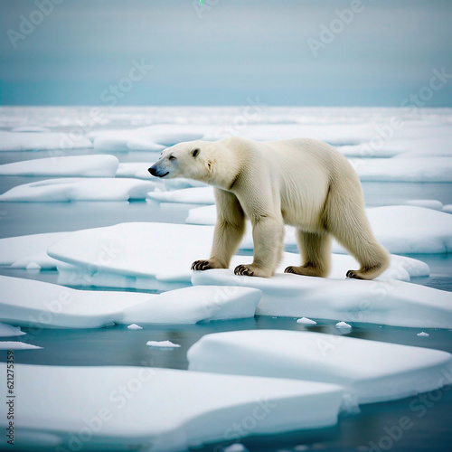 An AI-drawn image of a polar bear trapped on a glacier that broke off due to global warming. Stock image. 