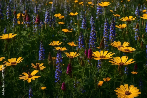 A colorful field of wildflowers with butterflies