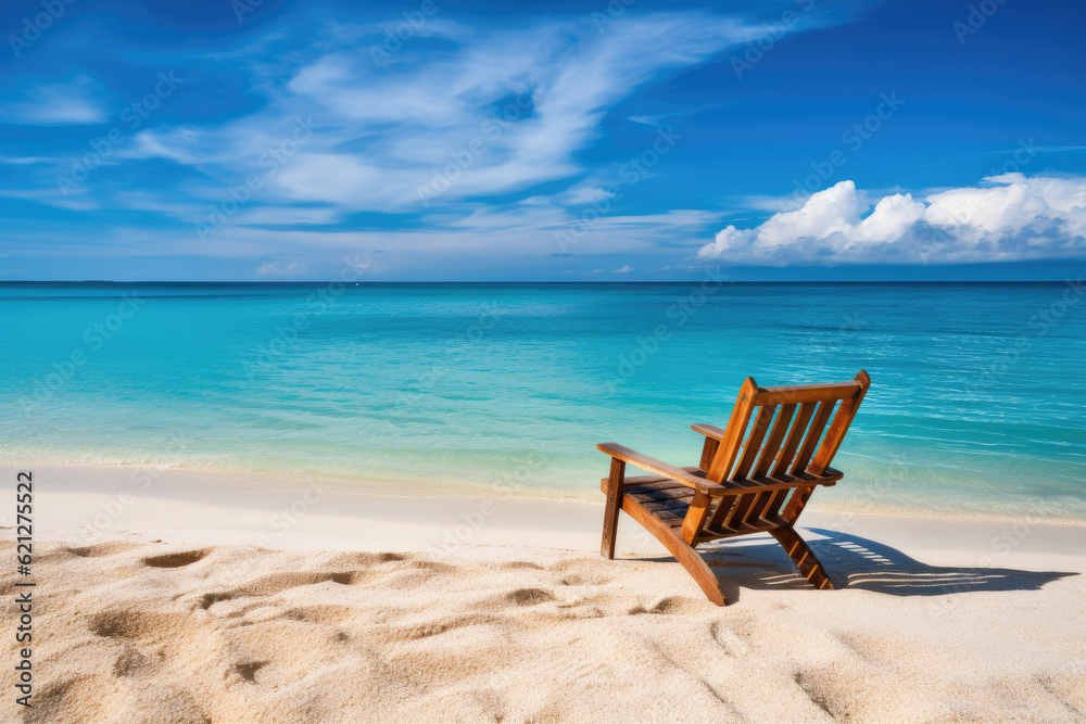 Beach chairs on the white sand beach with cloudy blue sky and sun