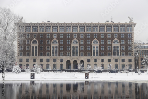 The architectural building of the Krestovsky Island on the banks of the Middle Nevka River photo