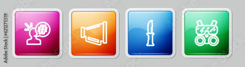 Set line Protest, Megaphone, Military knife and Gas mask. Colorful square button. Vector