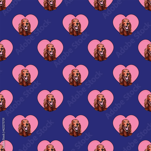 Pattern Irish setter dog with paws, Valentine's day heart wallpaper. Love heart with pet head holiday texture. Dog face Holding a Heart, Cartoon square violet background. St Valentine's day present.