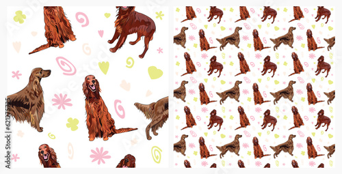 Creative spring pattern with spirals, leaves, flowers, and dogs. Pastel colors animal seamless background. Elegant, soft, abstract summer pattern with hand-drawn colorful shapes and an Irish setter.