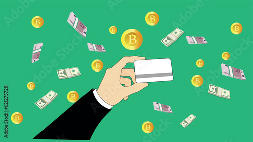 The hand holds the credit card. Credit card, dollar credit card. Money, bitcoin, cryptocurrency. Finance, investments.