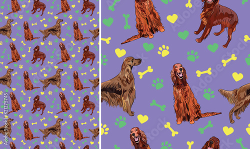 Irish setter dogs on a playful violet background with bones, hearts, paws. Funky, colorful vibe, vibrant palette. Simple, clean, modern texture. Summer seamless pattern with dogs. Birthday present.