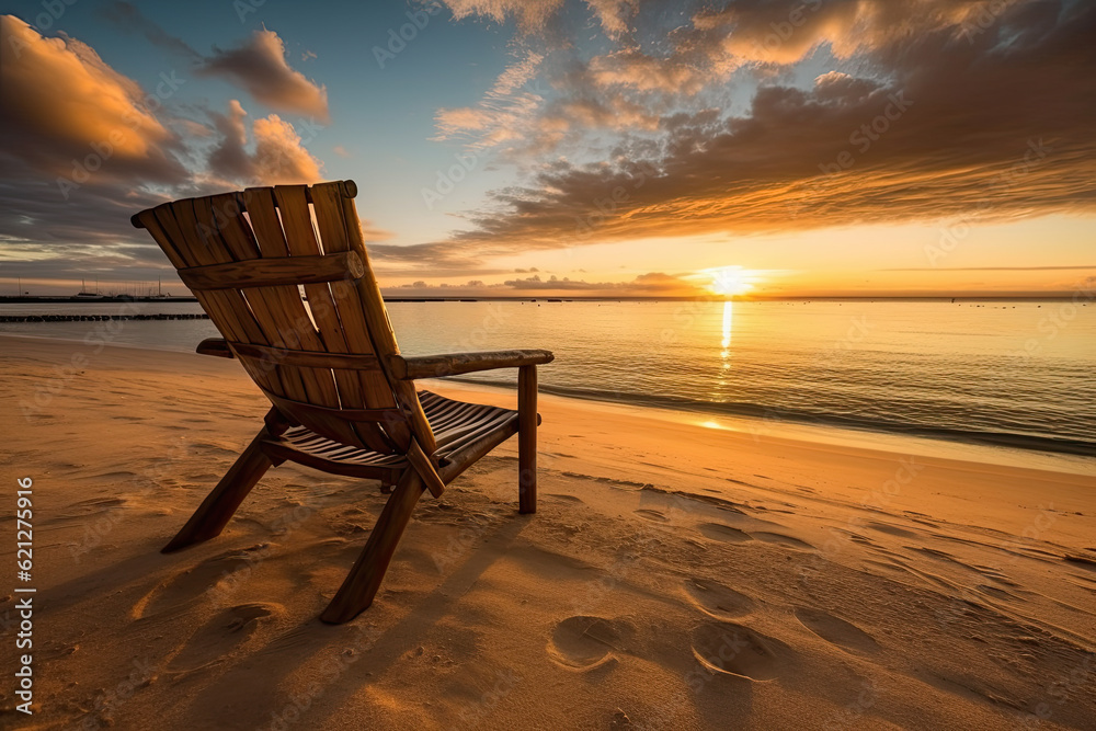 Beach chairs on the white sand beach at sunrise