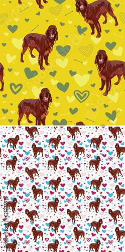 Irish setter dog Valentine's day wallpaper. Yellow and green hearts on a bright background. Holiday square background, repeatable pattern. St Valentine's day wallpaper. Festive drawing with dogs.