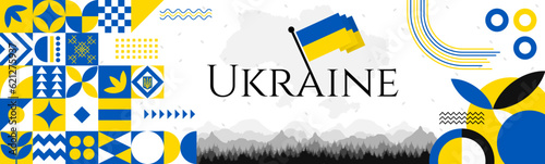 Ukraine Independence Day abstract banner design with flag and map. Flag color theme geometric pattern retro modern Illustration design. Blue and Yellow flag color template.