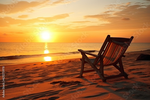 Beach chairs on the white sand beach at sunset © pariketan