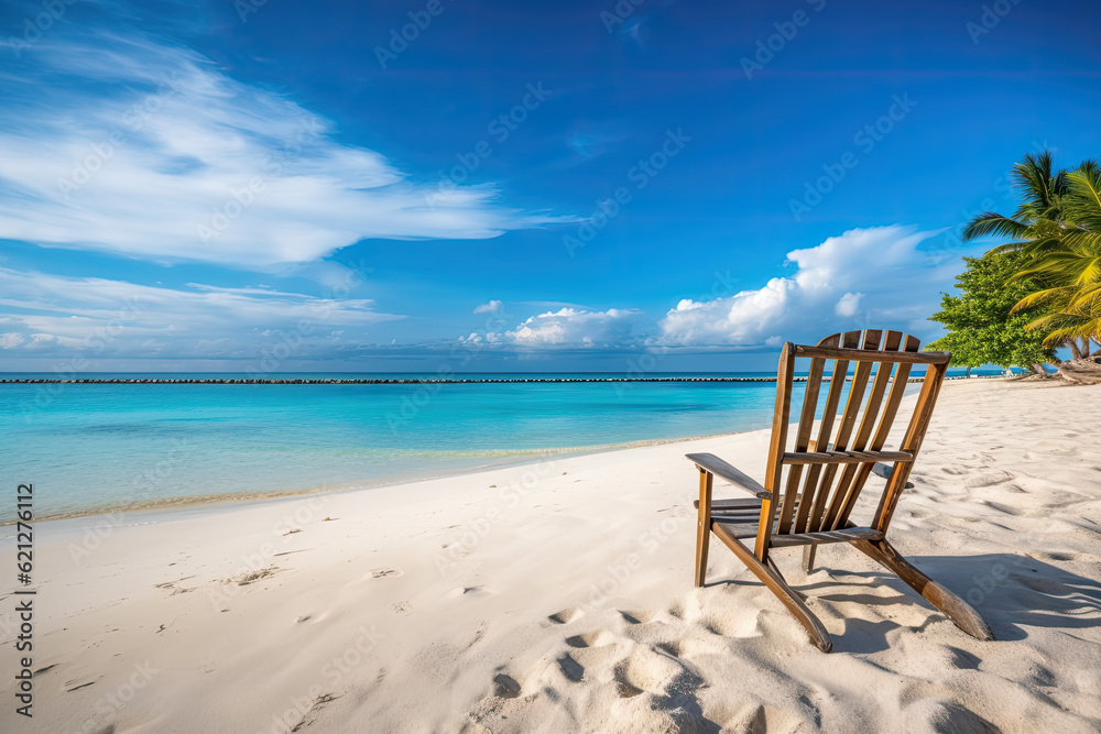 Beach chairs on the white sand beach in the tropics