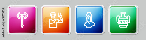 Set line Medieval axe, Zeus, Ancient bust sculpture and amphorae. Colorful square button. Vector