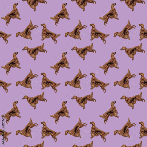Seamless Irish setter dog pattern without elements, plain background.  Violet Packaging, textile, decoration, wrapping paper. Trendy hand-drawn funny breed wallpaper. Fun seamless happy cute dogs.
