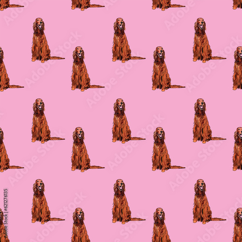 Seamless Irish setter dogs pattern, holiday texture. Pink Packaging with sitting dogs, no elements, textile, decoration, wrapping paper with pets. Trendy hand-drawn funny dogs on repeatable pattern.