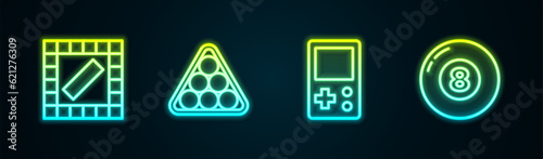 Set line Board game, Billiard balls in triangle, Tetris and pool snooker. Glowing neon icon. Vector