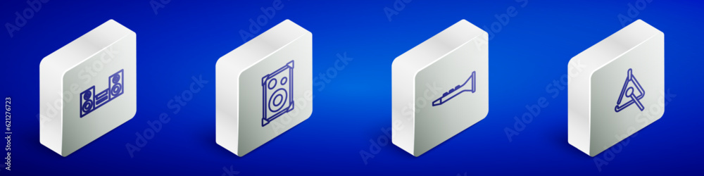 Set Isometric line Home stereo, Stereo speaker, Clarinet and Triangle icon. Vector Set Isometric line Home stereo, Stereo speaker, Clarinet and Triangle icon. Vector